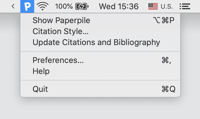 The Paperpile icon in the macOS menu bar with its menu open on Show Paperpile, Citation Style…, Update Citations and Bibliography, Preferences…, Help and Quit, with keyboard shortcuts.